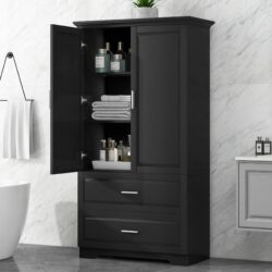 Tall Bathroom Storage Cabinet, Cabinet With 2 Doors And Drawers, Adjustable Shelf - Black