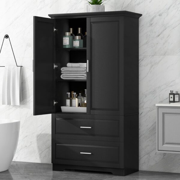 Tall Bathroom Storage Cabinet, Cabinet With 2 Doors And Drawers, Adjustable Shelf - Black