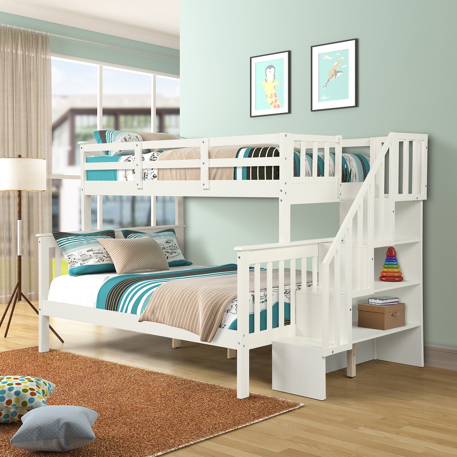 Twin Over Full Bunk Bed Stairway With Storage And Guard Rail For Bedroom - White - Image 13
