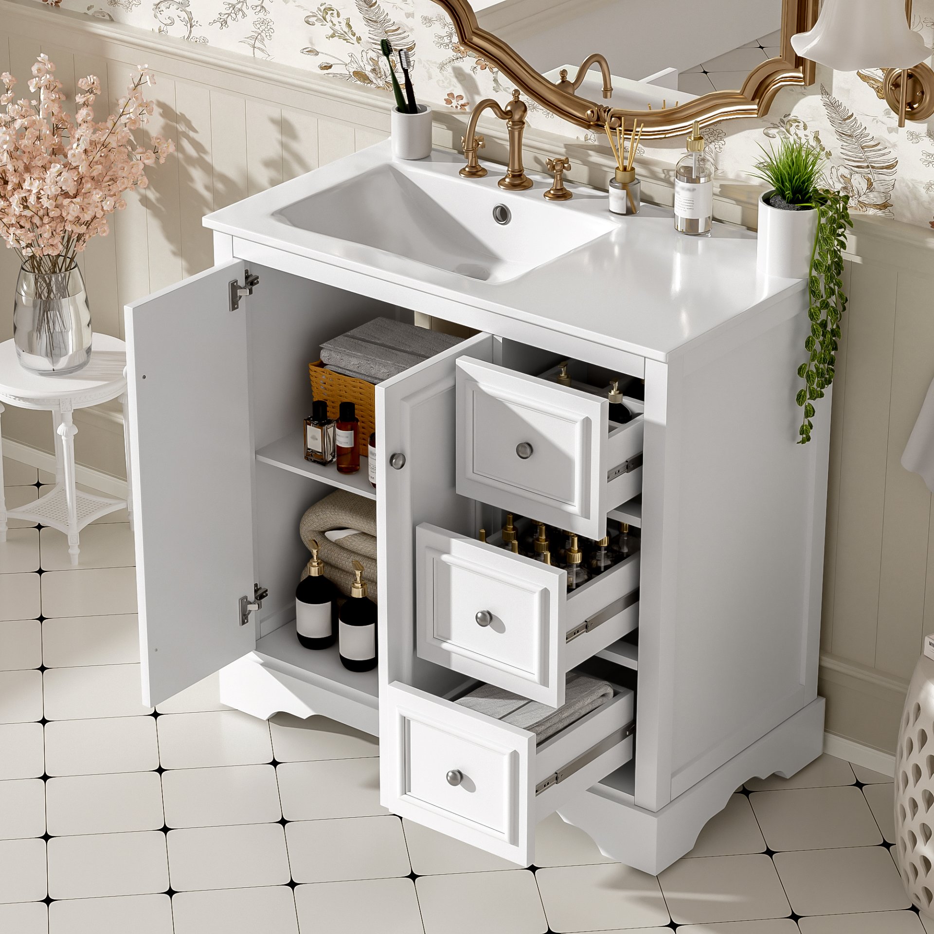 36" Transitional Bathroom Vanity With Sink, Soft Close Doors, Adjustable U Shelf, 3 Drawers - White - Image 3