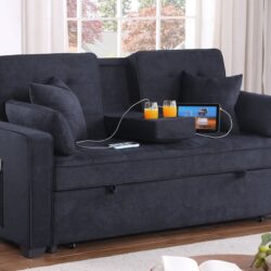 Cody II - Woven Fabric Convertible Sleeper Loveseat With Cup Holder, Charging Ports, Side Pocket, and Pocket Coil Seating - Dark Gray