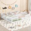Double Twin Floor Bed With Fence, Guardrails, Without Door - White - Image 2