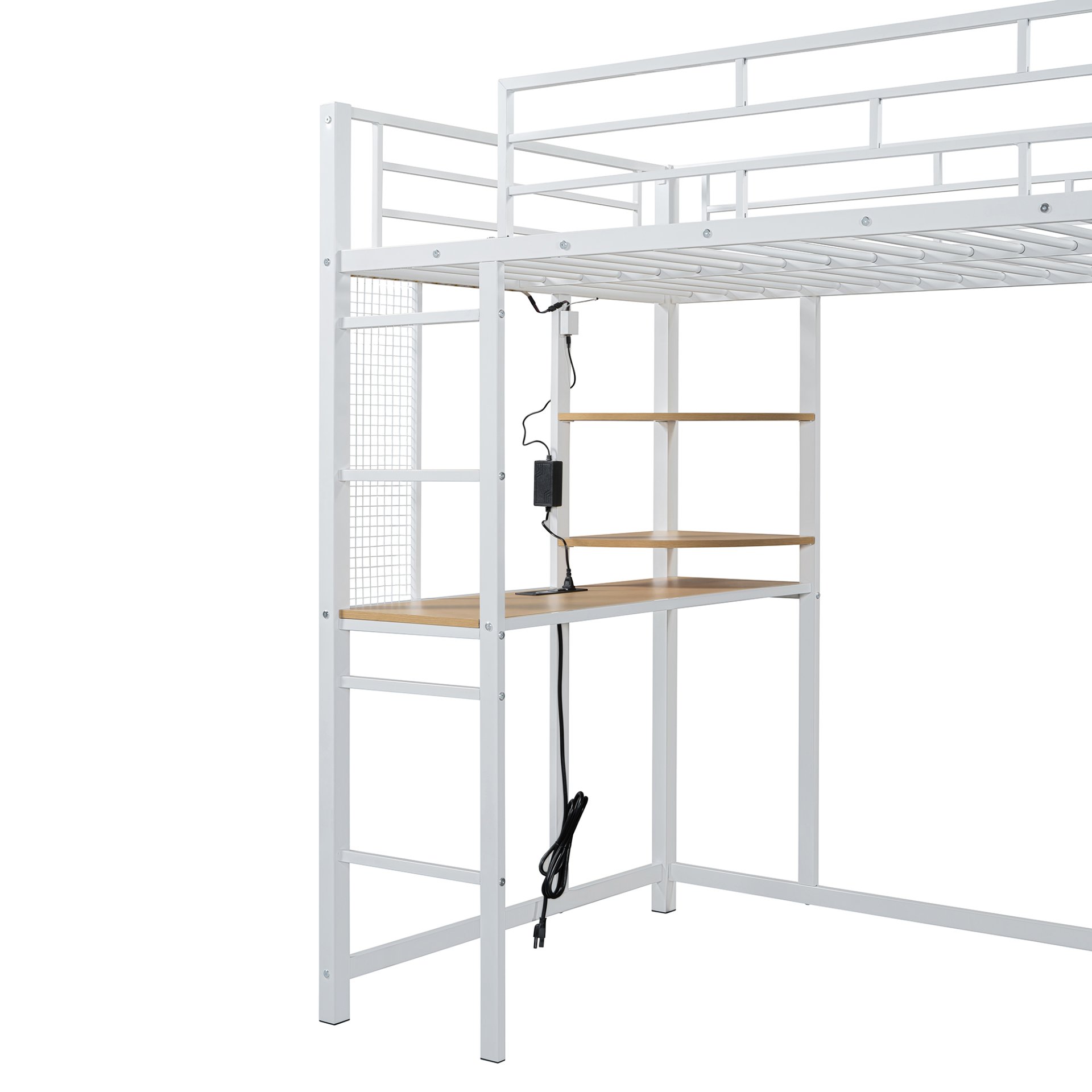 Twin Size Loft Bed With Desk, Shelves, Power Outlet, LED Light And Wardrobe - White - Image 23