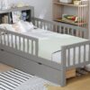Twin Size Bed With Headboard Storage Rack, 2 Under Bed Drawers, 3 - Side Guardrails For Safety And Security - Gray - Image 24