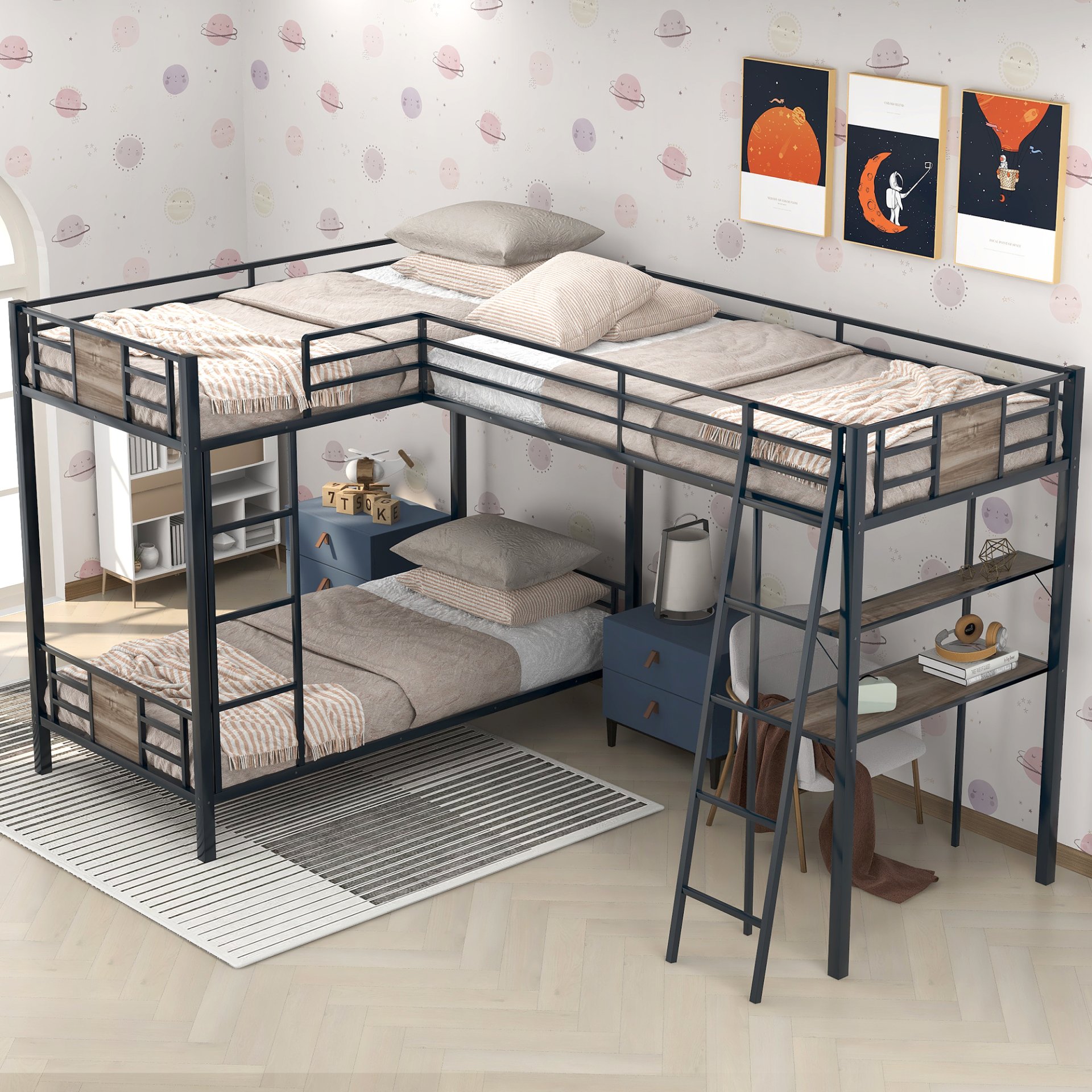 L-Shaped Twin Over Twin Bunk Bed With Twin Size Loft Bed With Desk And Shelf - Brown - Image 5