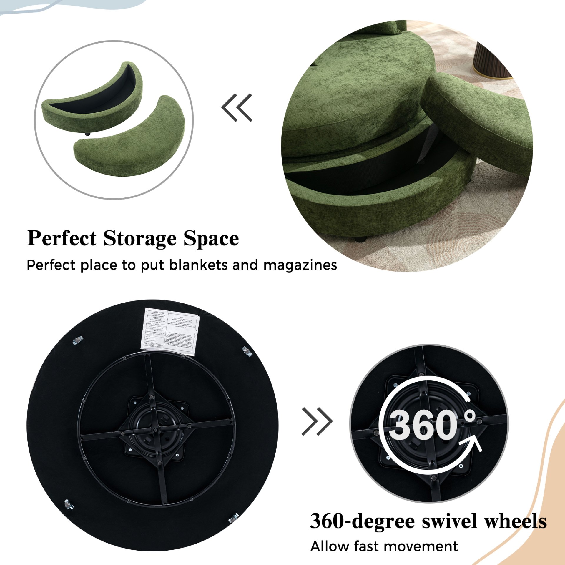 360° Swivel Accent Barrel Chair With Storage Ottoman & 4 Pillows, Modern Chenille Leisure Chair Round Accent For Living Room - Green - Image 5