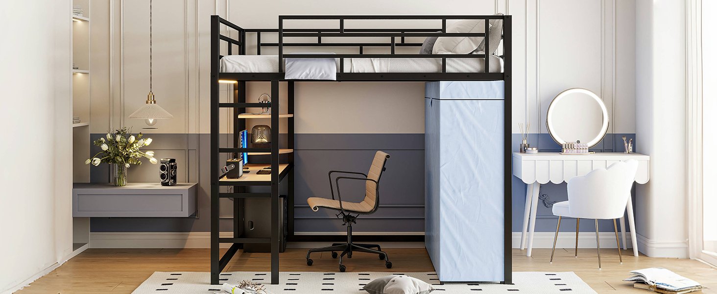 Full Size Loft Bed With Desk, Shelves, Power Outlet, LED Light And Wardrobe - Black - Image 24
