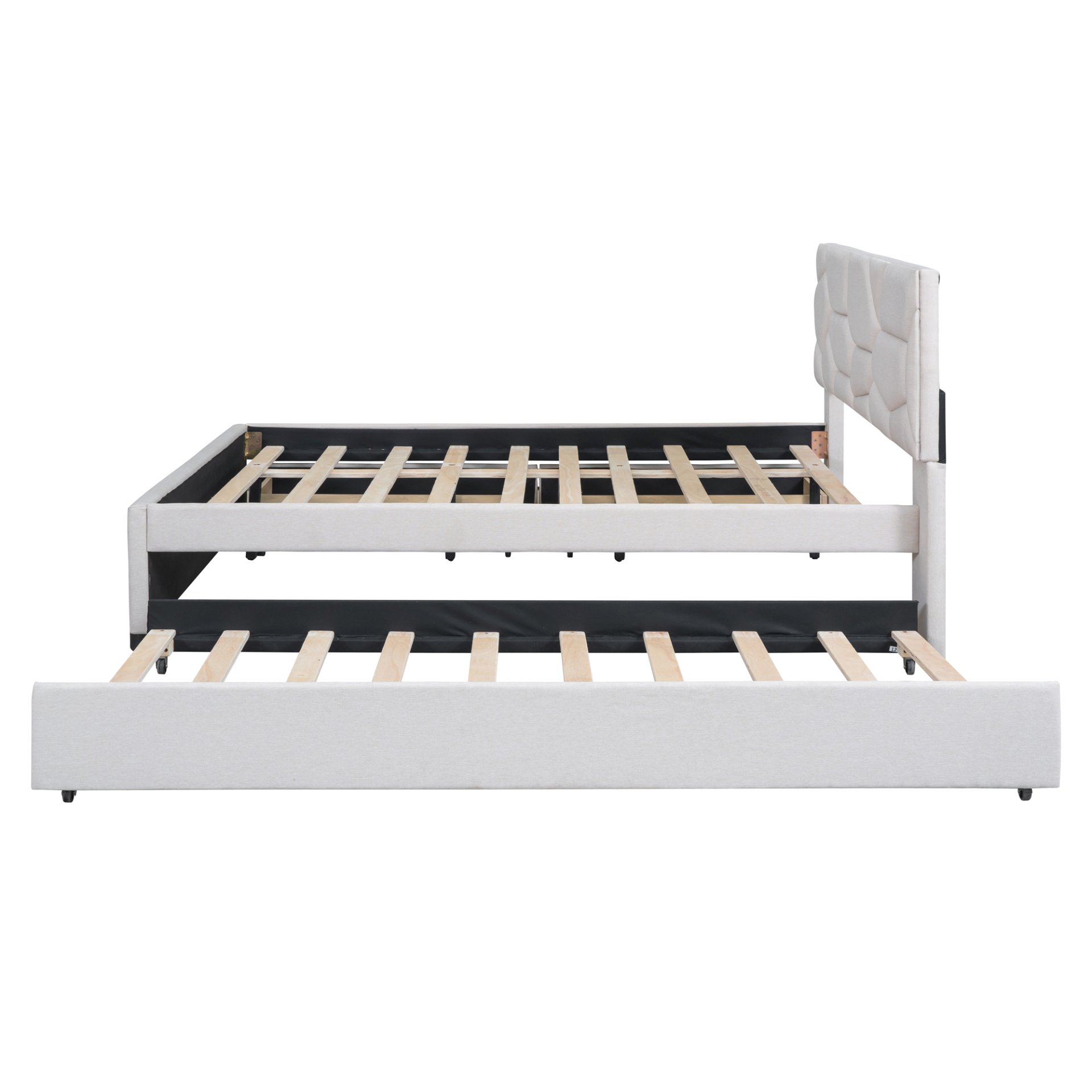 Full Size Upholstered Platform Bed With Brick Pattern Headboard, With Twin Size Trundle And 2 Drawers - Beige - Image 7
