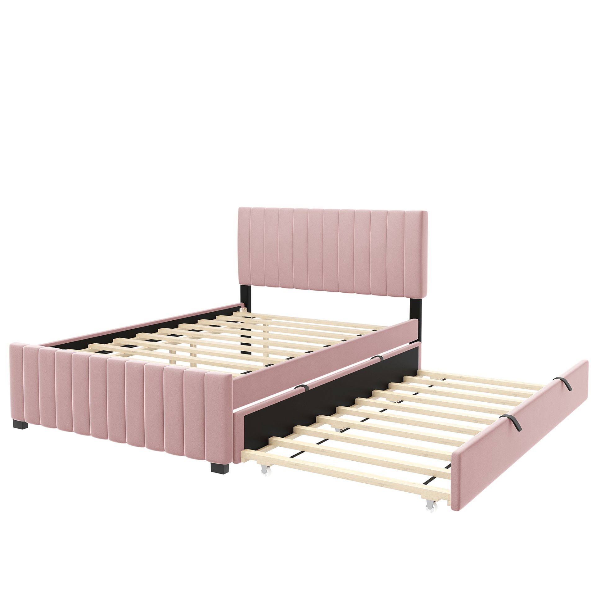 Full Size, Elegant Upholstered Platform Bed With Twin Size Trundle - Pink - Image 6
