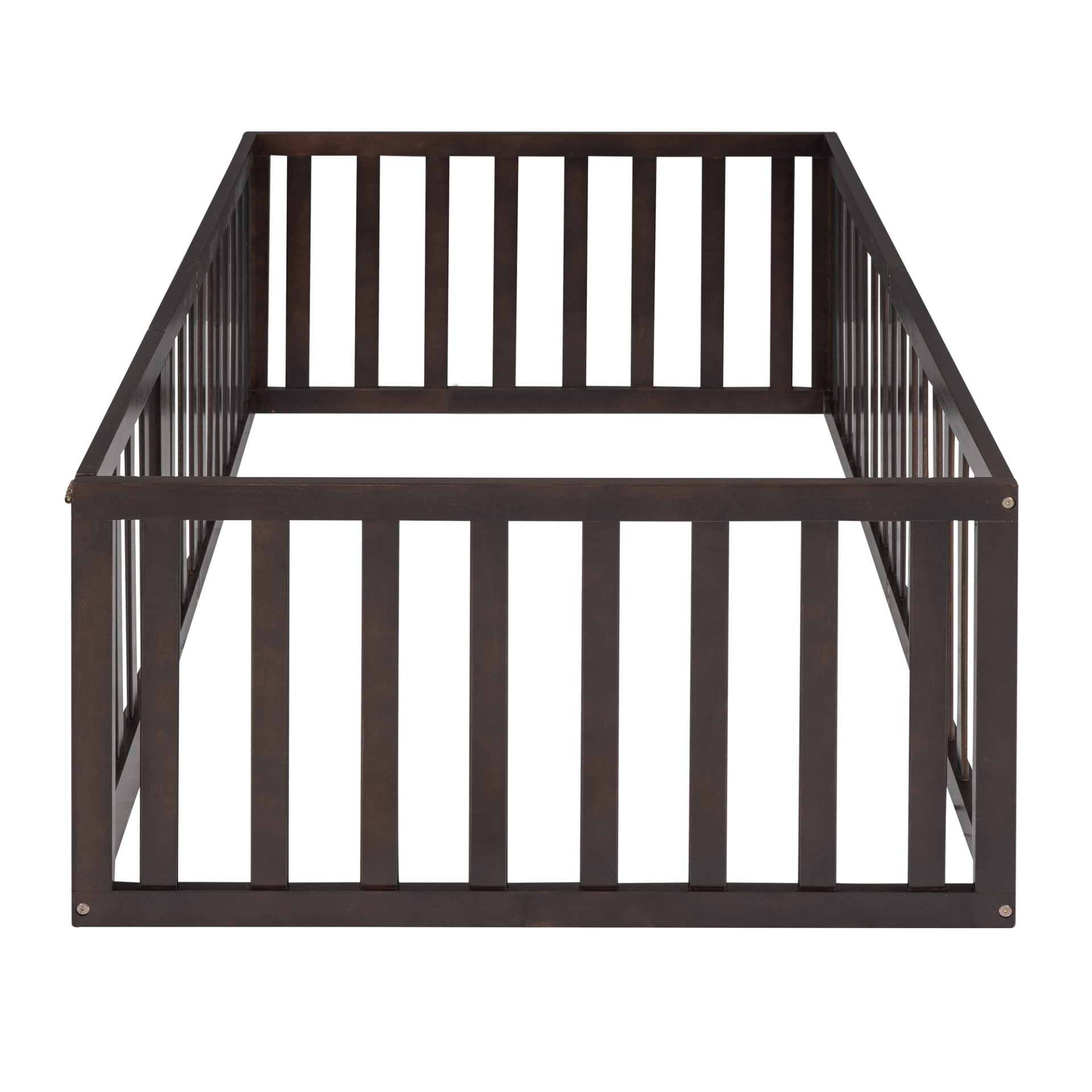 Twin Size Floor Bed Frame With Fence And Door - Walnut - Image 9