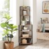 6 Tier Corner Open Shelf Modern Bookcase Wood Rack Freestanding Shelving Unit, Plant Album Trinket Sturdy Stand Small Bookshelf Space-Saving For Living Room Home Office Kitchen Small Space - Rustic Brown - Image 6