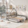 Twin Over Full House Bunk Bed With Built-In Ladder - Gray - Image 4