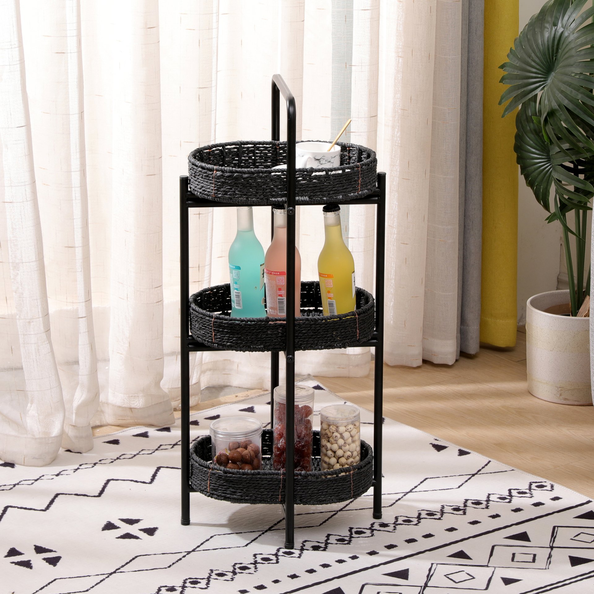 Modern 3 Tier Handwoven Side Table With Oval Organizer In Metal And Paper Rope - Black - Image 6