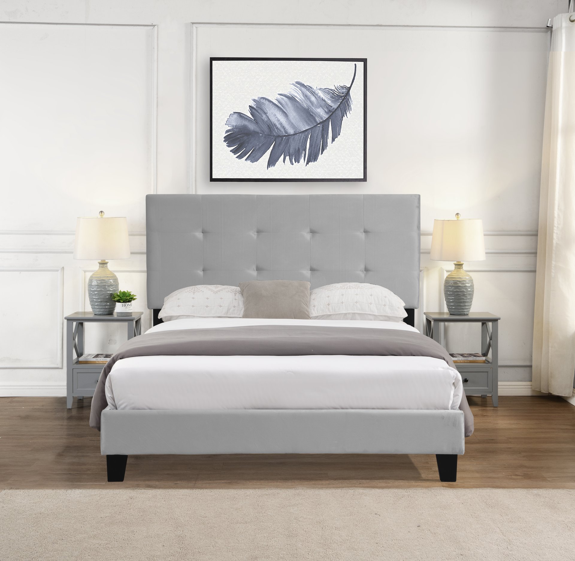 Full Size Upholstered Platform Bed Frame With Pull Point Tufted Headboard, Strong Wood Slat Support, Mattress Foundation, No Box Spring Needed - Gray - Image 2