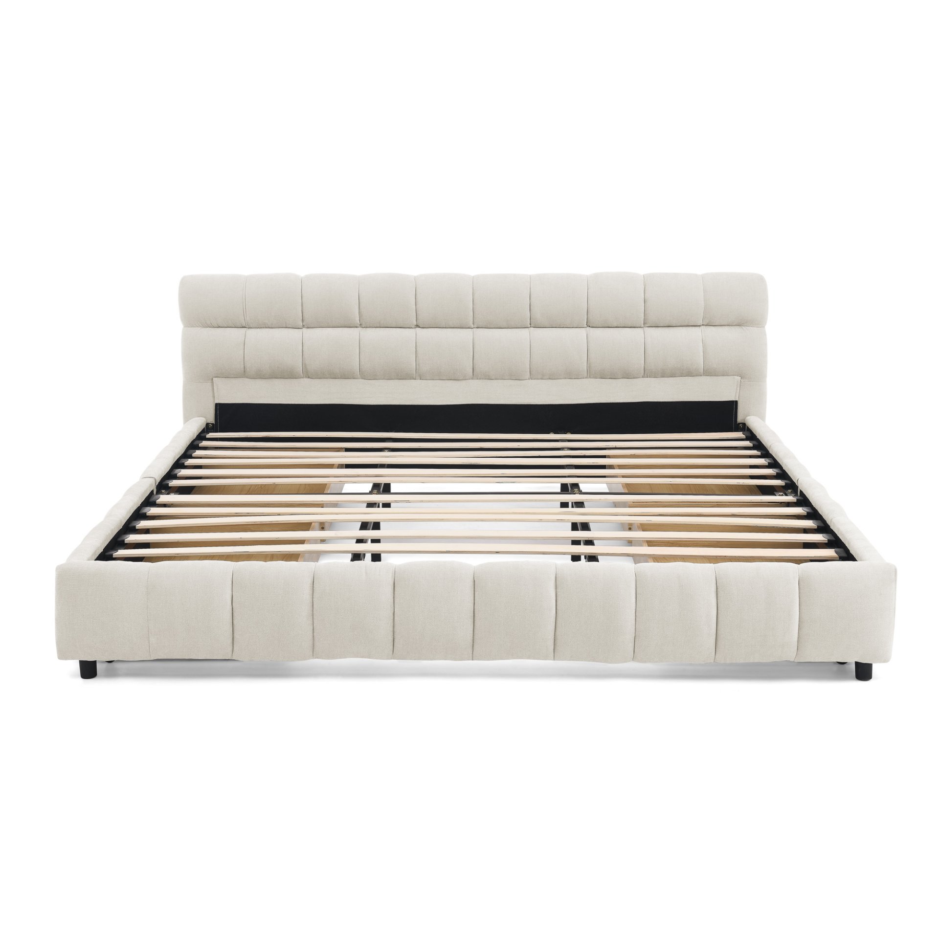 Modern King Size Upholstered Bed With Storage Drawer Solid Frame - Beige - Image 15