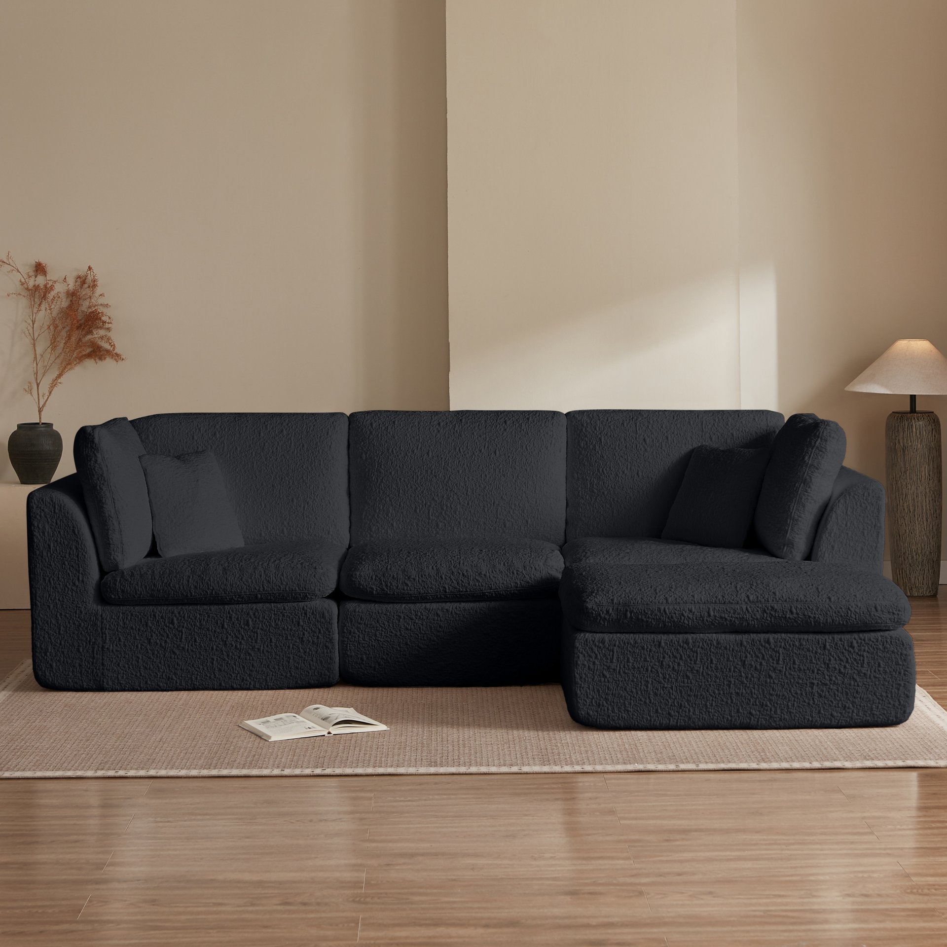 Cloud L Shape Modular Sectional Sofa With Ottoman, 3 Seater Convertible Couch - Black - Image 10