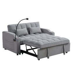 Modern Velvet Loveseat Futon Sofa Couch With Pullout Bed, Adjustable Backrest, Toss Pillows - Light Gray