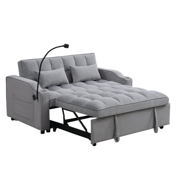 Modern Velvet Loveseat Futon Sofa Couch With Pullout Bed, Adjustable Backrest, Toss Pillows - Light Gray