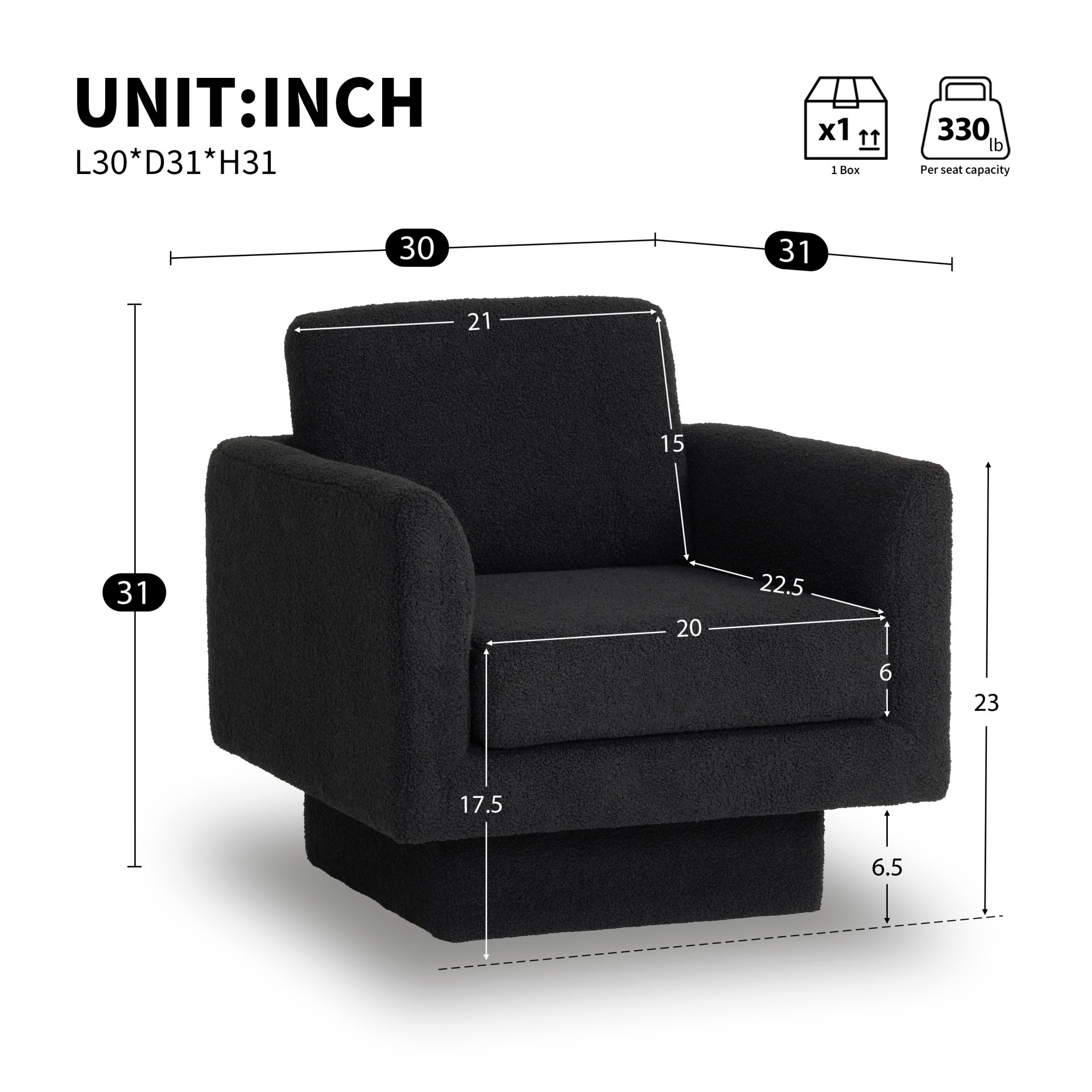 360° Modern Swivel Accent Chair Round Armchair, Thick Padded Single Lounge Sofa Upholstered Comfy - Black - Image 2