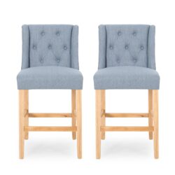 Vienna - Contemporary Fabric Tufted Wingback 27 Inch Counter Stools, (Set of 2) - Light Blue / Natural