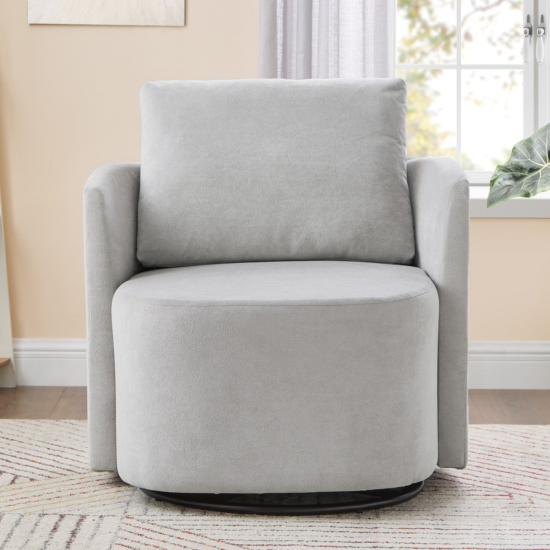 Modern 360° Swivel Accent Barrel Armchair Chenille, Upholstered With Curved Design For Living Room, Bedroom, Office, And Hotel - Gray - Image 3