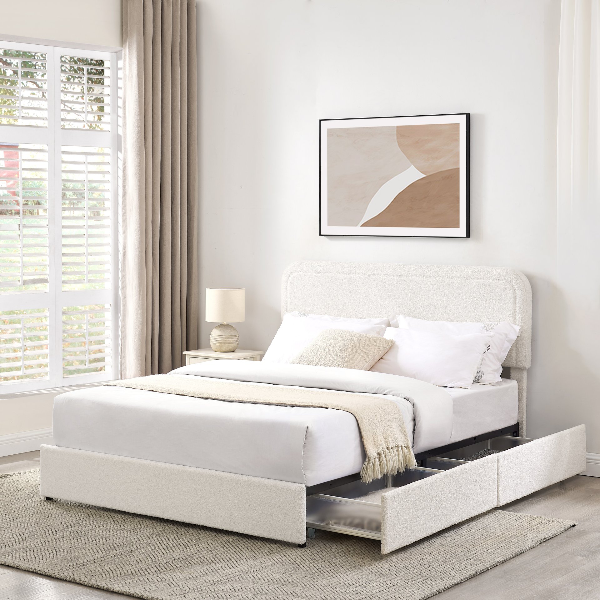 Liv - Patented 2 Drawers Queen Upholstered Storage Platform Bed - Ivory Boucle - Image 7
