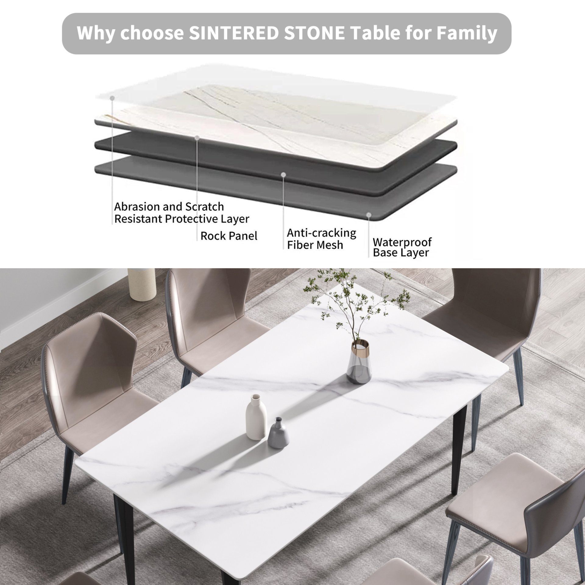 63" Modern Artificial Stone White Straight Edge Black Metal Leg Dining Table, 6 People - White / Black - Image 11