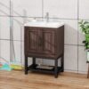 Modern Freestanding Bathroom Vanity With Ceramic Sink, Hot And Cold Faucet, 2 Door Cabinet & Open Iron Shelf, Magnesium Oxide And Iron Frame - Walnut - Image 4