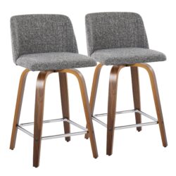 Toriano - Mid-Century Modern Fixed Height Counter Stool With Swivel And Square Footrest (Set of 2) - Walnut / Gray