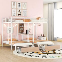Full Over Twin & Twin Triple Bunk Bed With Drawers, Multi-Functional Frame With Desks And Shelves In The Middle - White