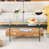 Modern 2 Tier Coffee Table Clear Tempered Glass And Wood Grain Multifunctional Storage Design - Natural Wood / Transparent - Image 6