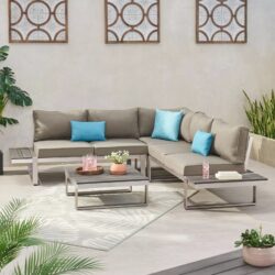 Sterling - Outdoor Aluminum V Shaped 5 Seater Sofa Set With Cushions - Gray / Khaki / Silver