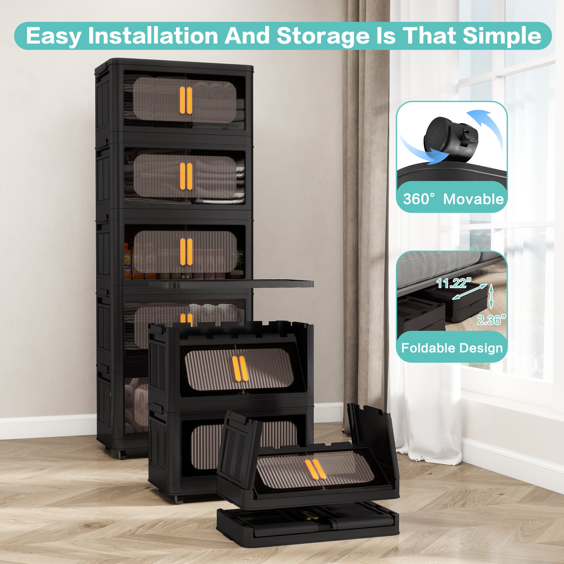 Folding Storage Cabinet 5 Tier Wide Plastic With Magnetic Doors And Wheels - Black - Image 14