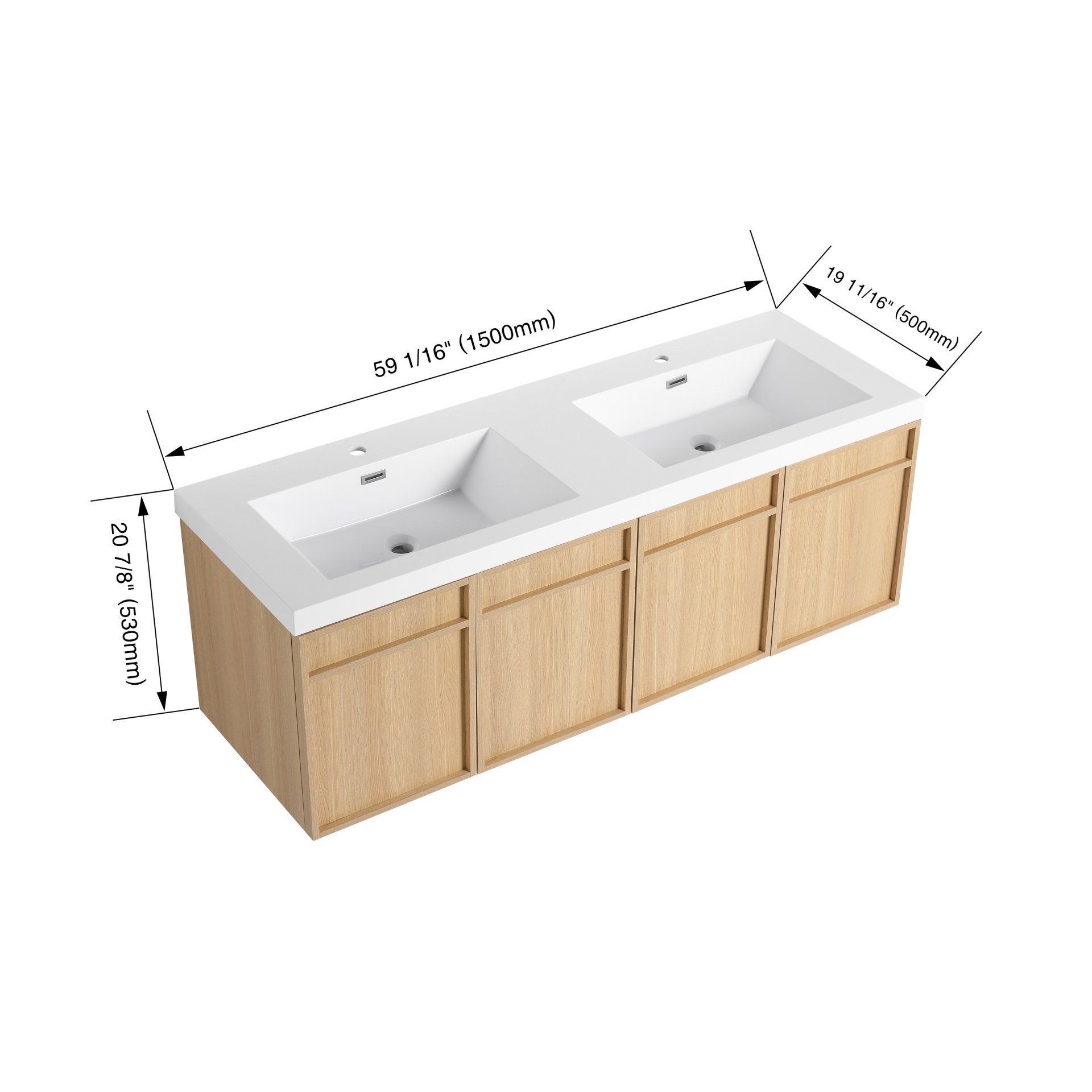 Original 60" Wall Mounted Bathroom Vanity With Double Resin Sink And Soft Closing Doors Plywood - Oak - Image 4