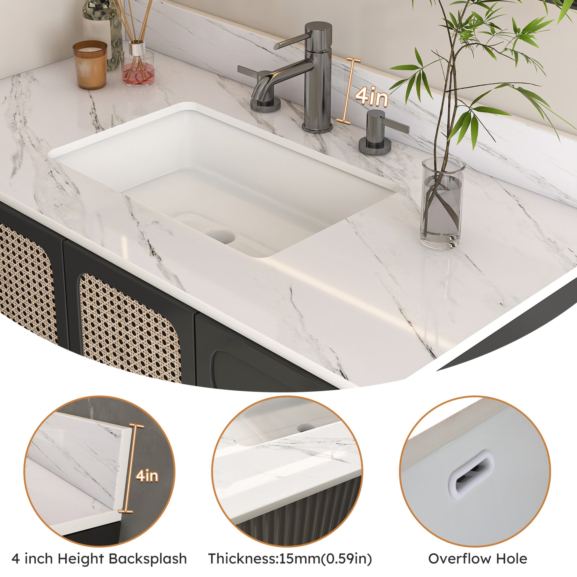 Elegant Marble Vanity Top, 43" Bathroom Vanity With Undermount Sink Sintered Stone, Bianco Carrara Venato - White - Image 8