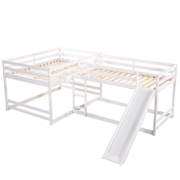 Full And Twin Size L-Shaped Bunk Bed With Slide And Short Ladder - White