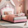 Twin Size Upholstered Princess Bed With Crown Headboard, Twin Size Platform Bed With Headboard And Footboard - White / Pink - Image 2
