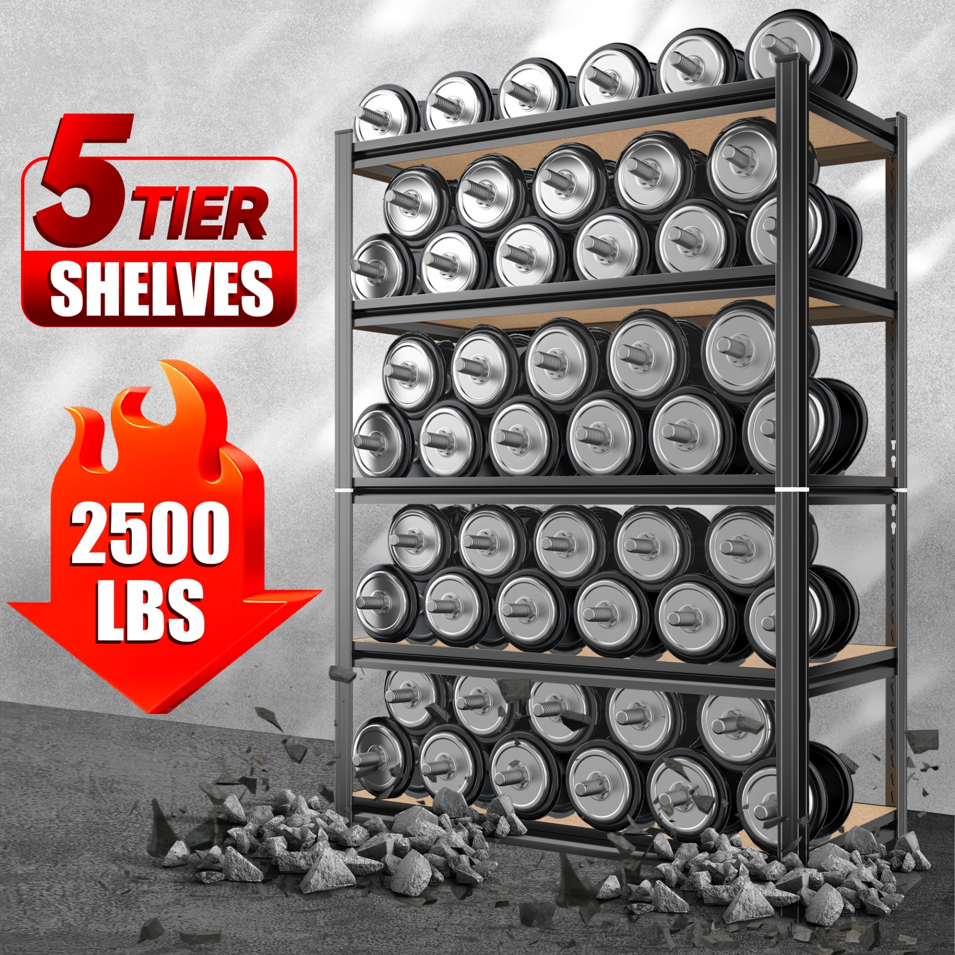 5 Tier Storage Rack, Adjustable Height Shelving, Warehouse Supermarket Basement Storage - Black - Image 5