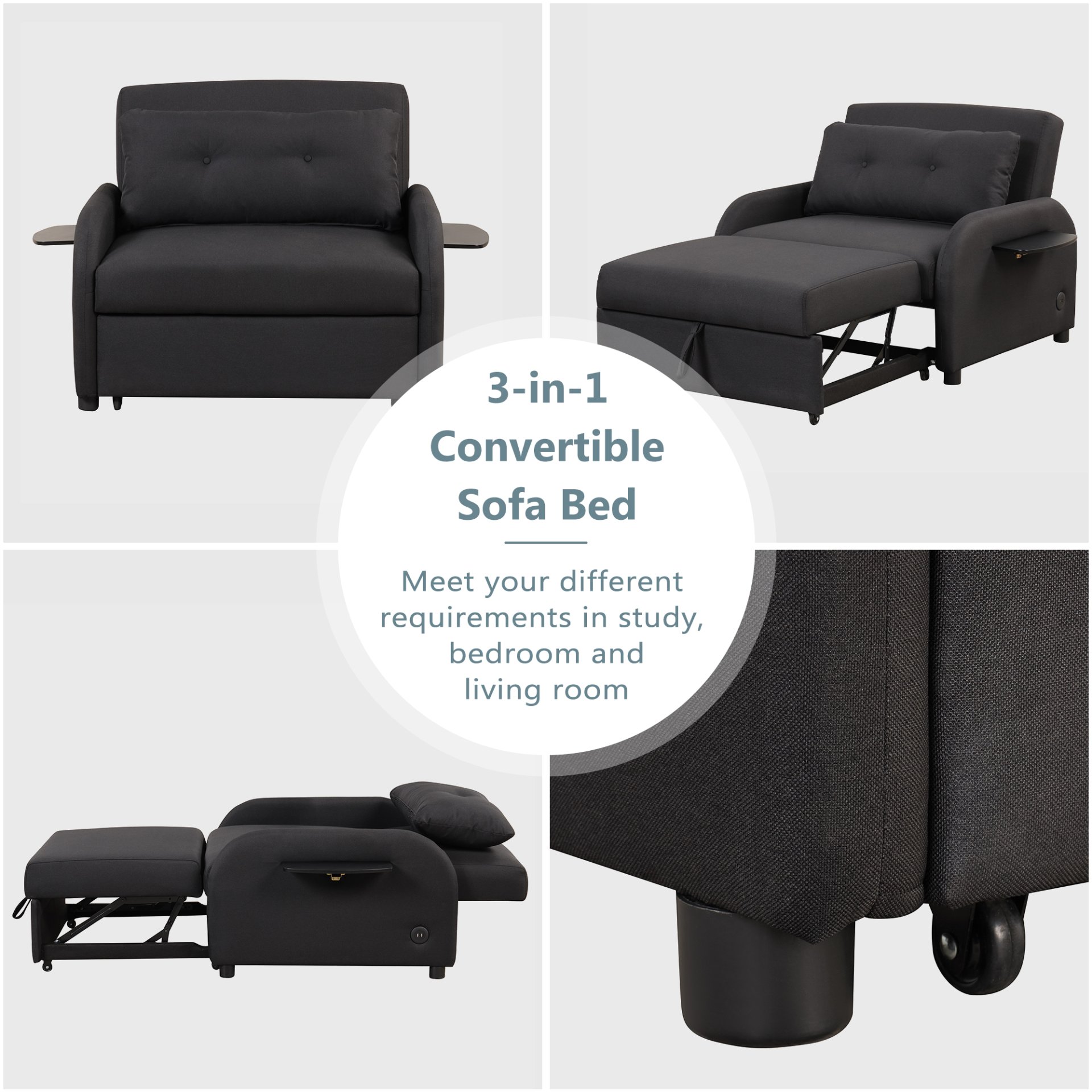 3 In 1 Pull Out Sofa Sleeper With Wing Table And USB Charge - Black - Image 5