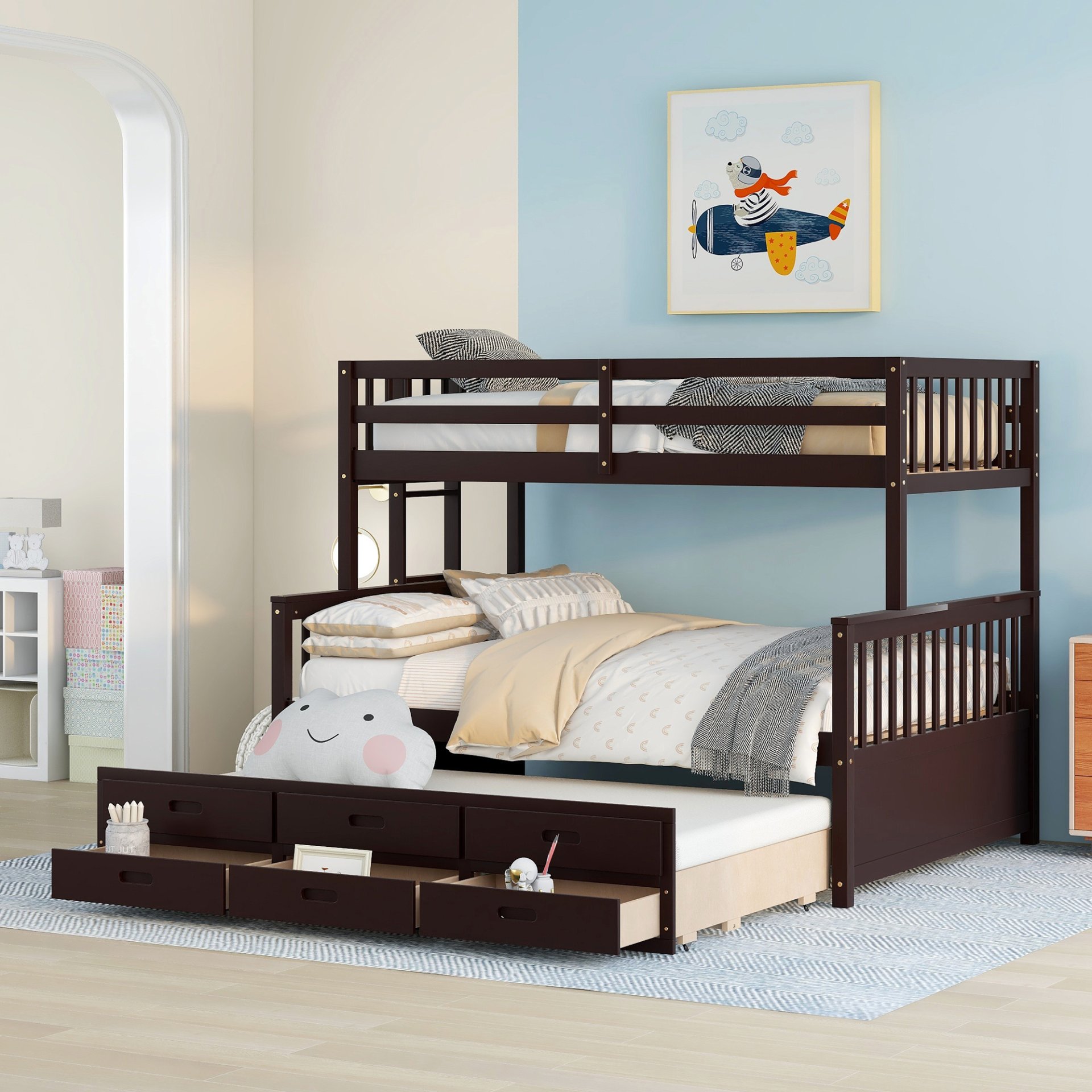 Twin Over Full Bunk Bed With Twin Size Trundle, With Drawers For Bedroom - Espresso - Image 2