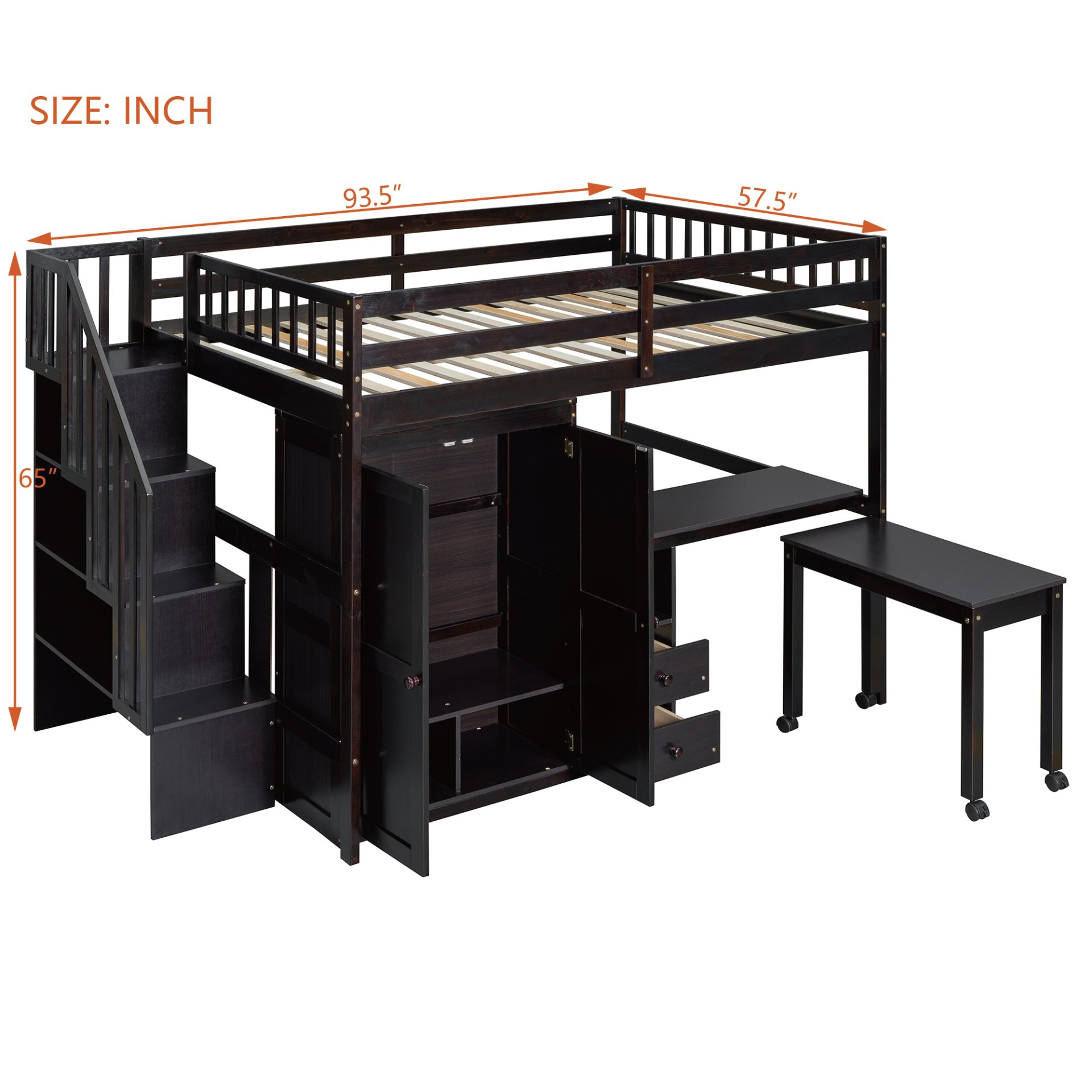 Full Size Loft Bed With Stairs, Bookshelf, Drawers, Desk & Wardrobe, Space Saving Multifunctional Furniture - Espresso - Image 8