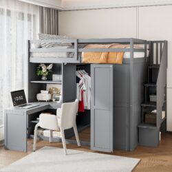 Full Size Loft Bed With Wardrobe, Desk And Shelves - Gray