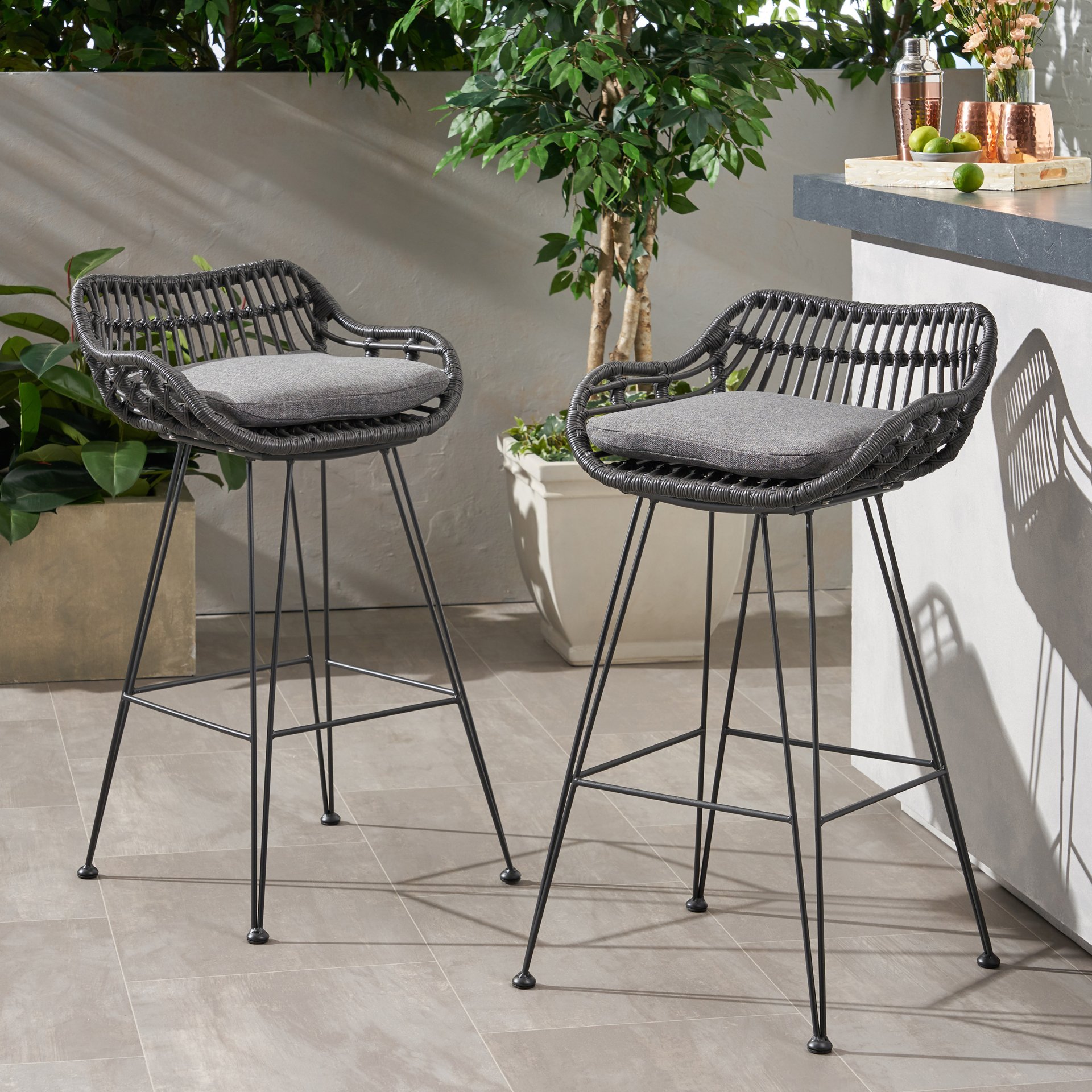 Outdoor Wicker Barstool With Cushions (Set of 2) - Gray - Image 5