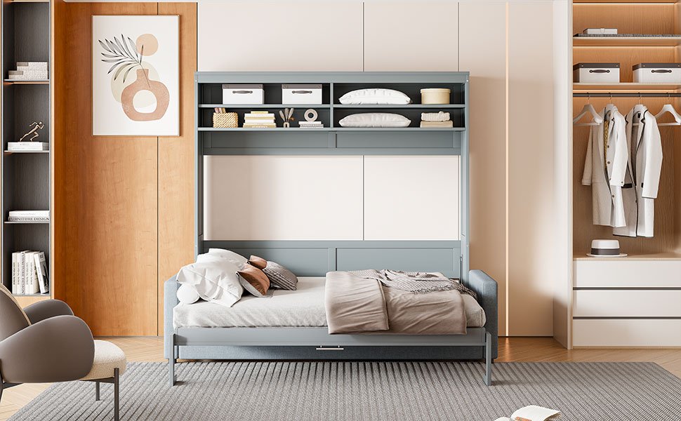 Queen Size Murphy Wall Bed With Sofa - Gray - Image 22