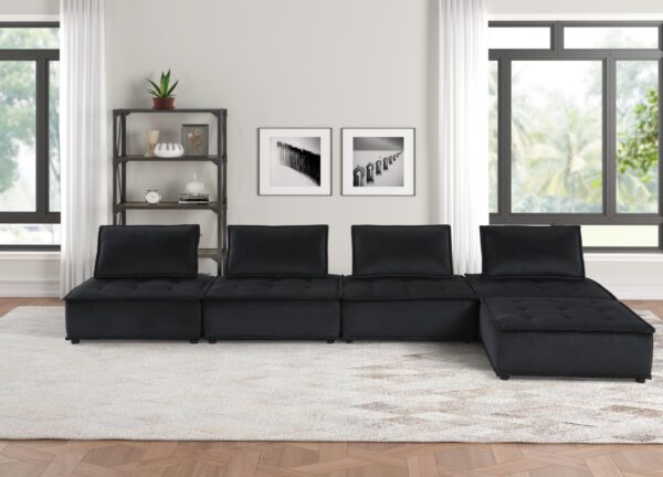 Anna - Velvet 5 Piece Sectional Sofa Ottoman - Midnight