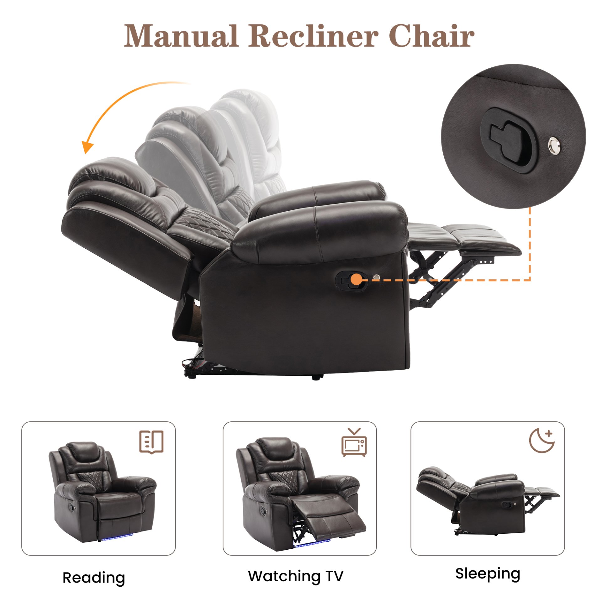 3 Pieces Recliner Sofa Sets Home Theater Seating Manual Recliner Chair With Center Console And Led Light Strip For Living Room - Brown - Image 6