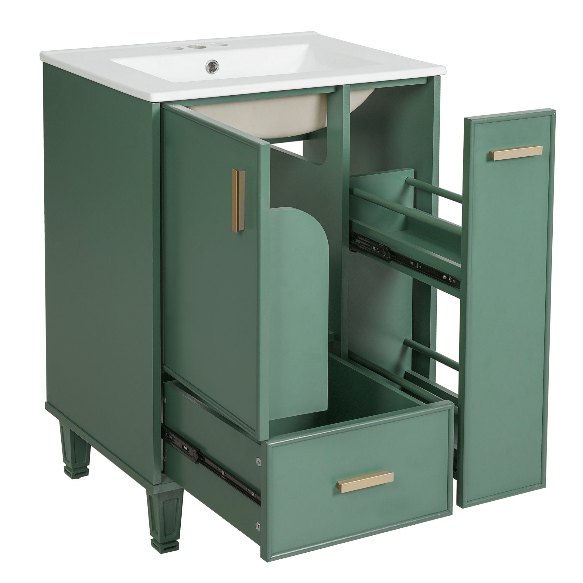 Solid Wood And 24" Bathroom Vanity With Sink, Deep Drawer, Door Shelf, 2 Tier Basket - Green - Image 15
