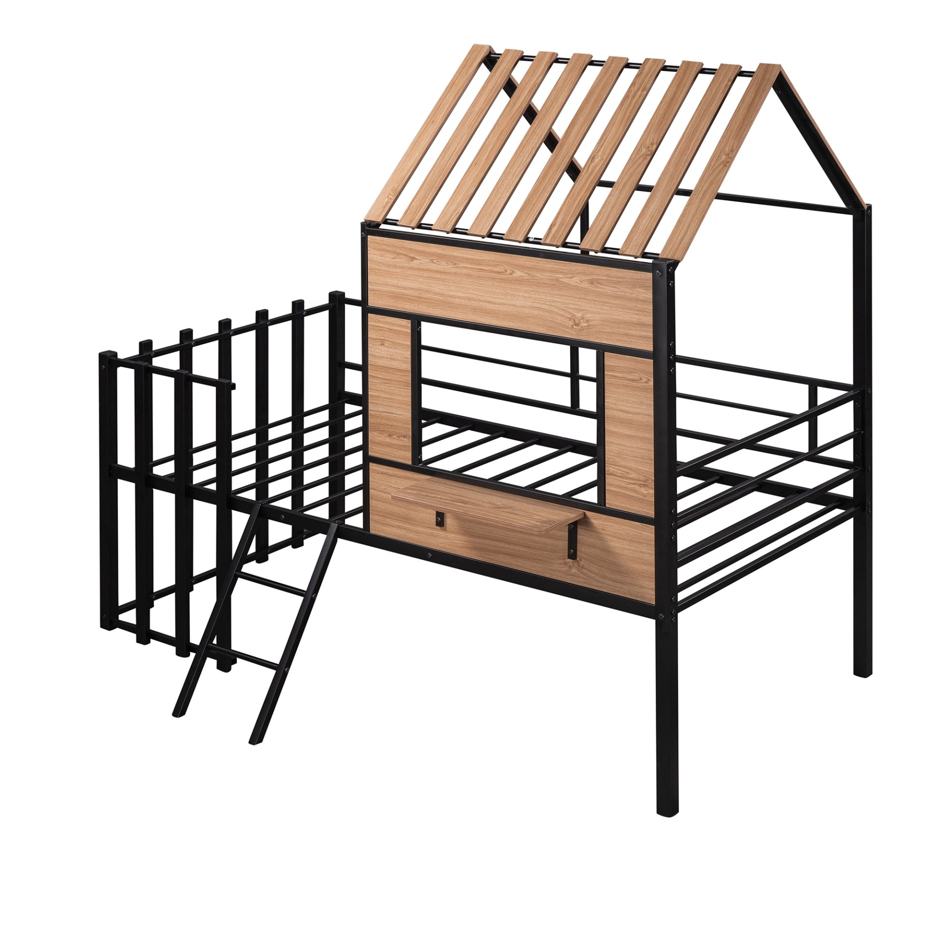 Twin Size Loft Bed With Roof, Window, Guardrail, Ladder - Black - Image 3