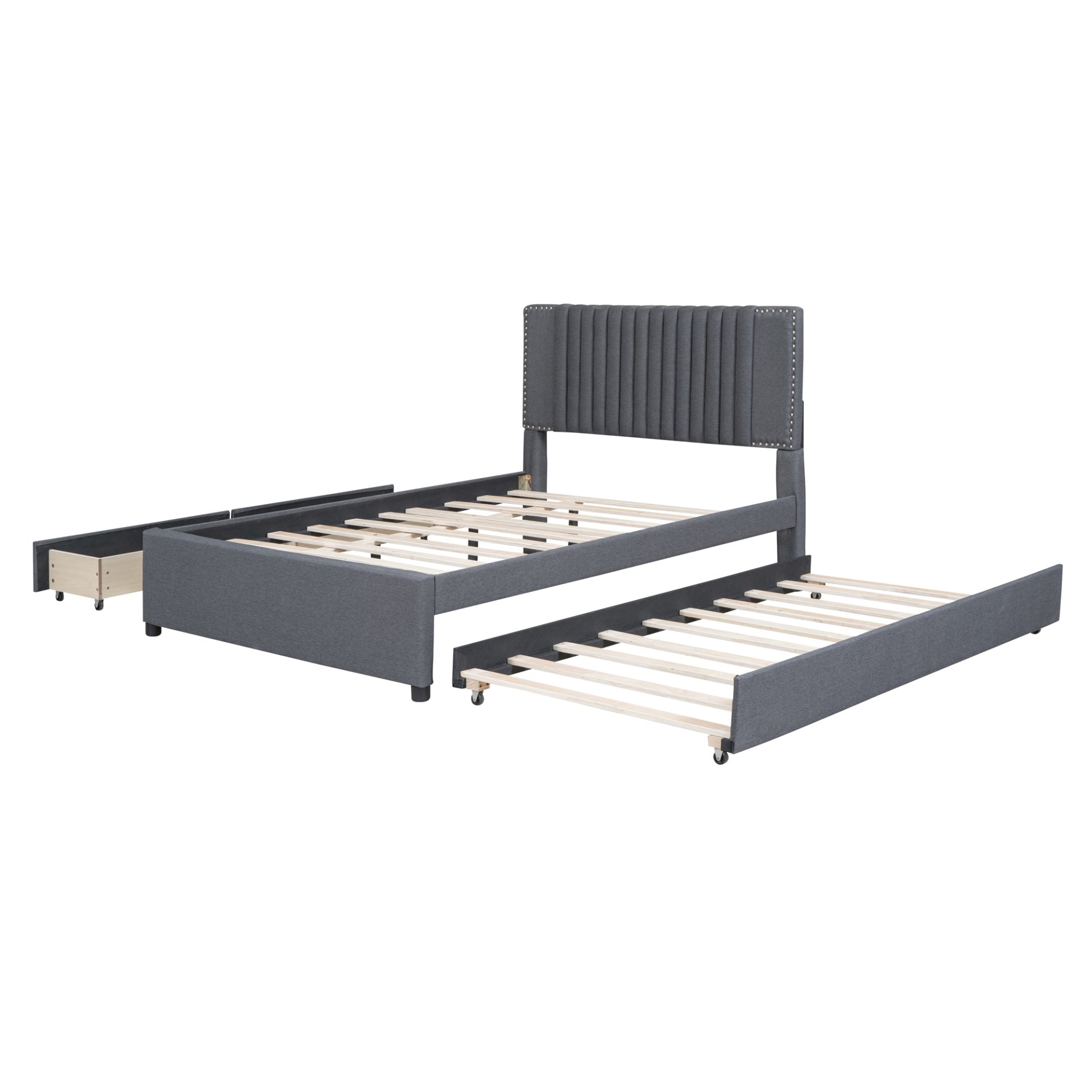 Full Size Upholstered Platform Bed With 2 Drawers And 1 Twin Size Trundle, Classic Headboard Design - Gray - Image 4