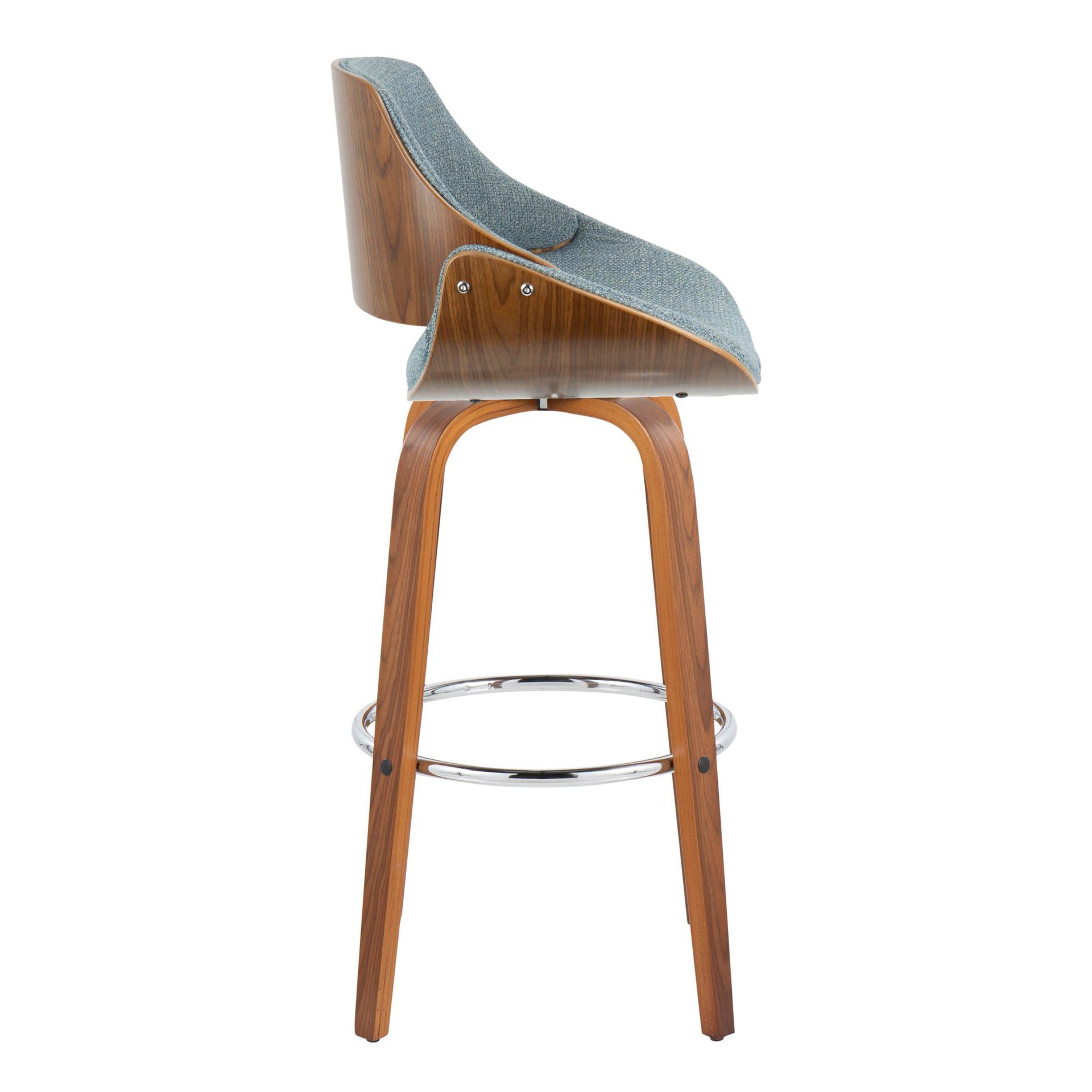 Fabrizzi - Mid-Century Modern Fixed Height Barstool With Swivel With Round Footrest (Set of 2) - Walnut / Blue - Image 3